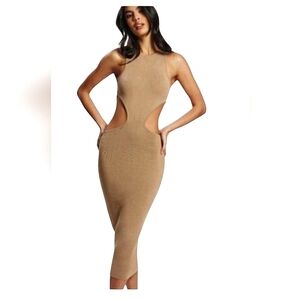 MESHKI Lela Cut Out Knit Midi Bodycon Dress In Taupe. Size Large NWT